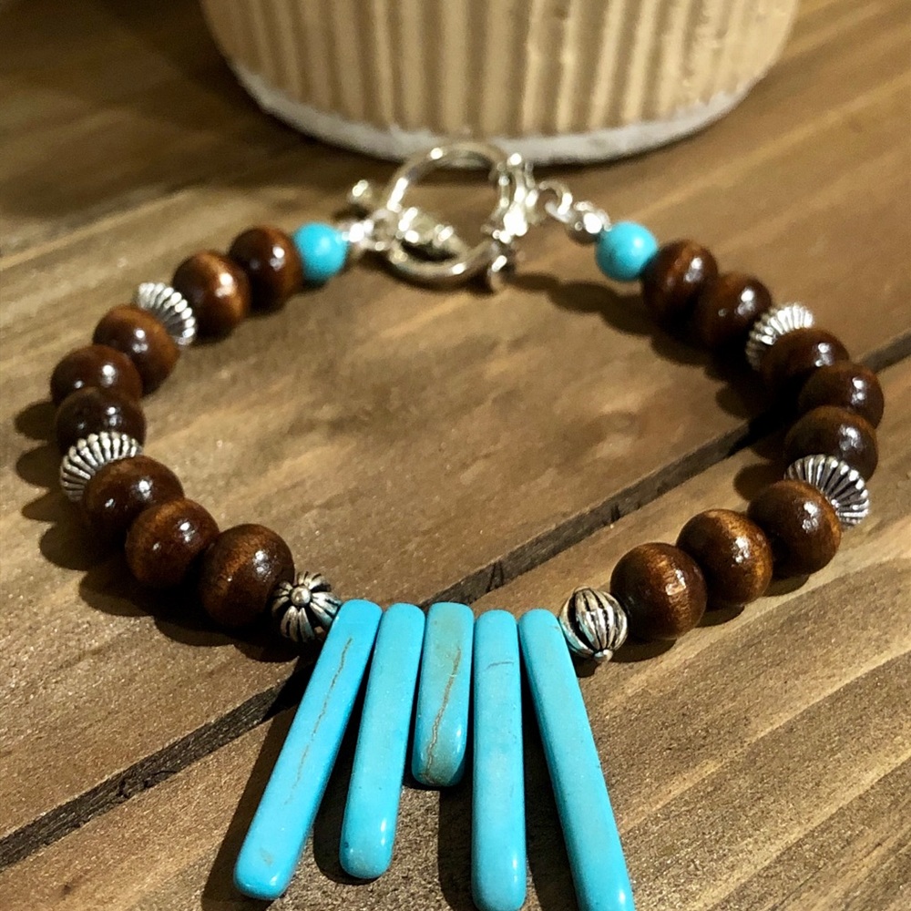 Wood & Blue Bead Bracelet